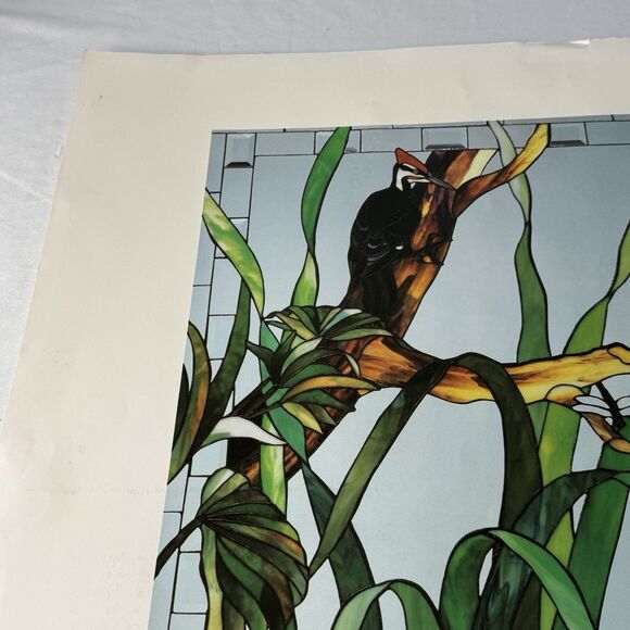 Signed Artist Poster Print 28x22 Artwork Of Stained Glass Window Design w Birds - Picture 4 of 13